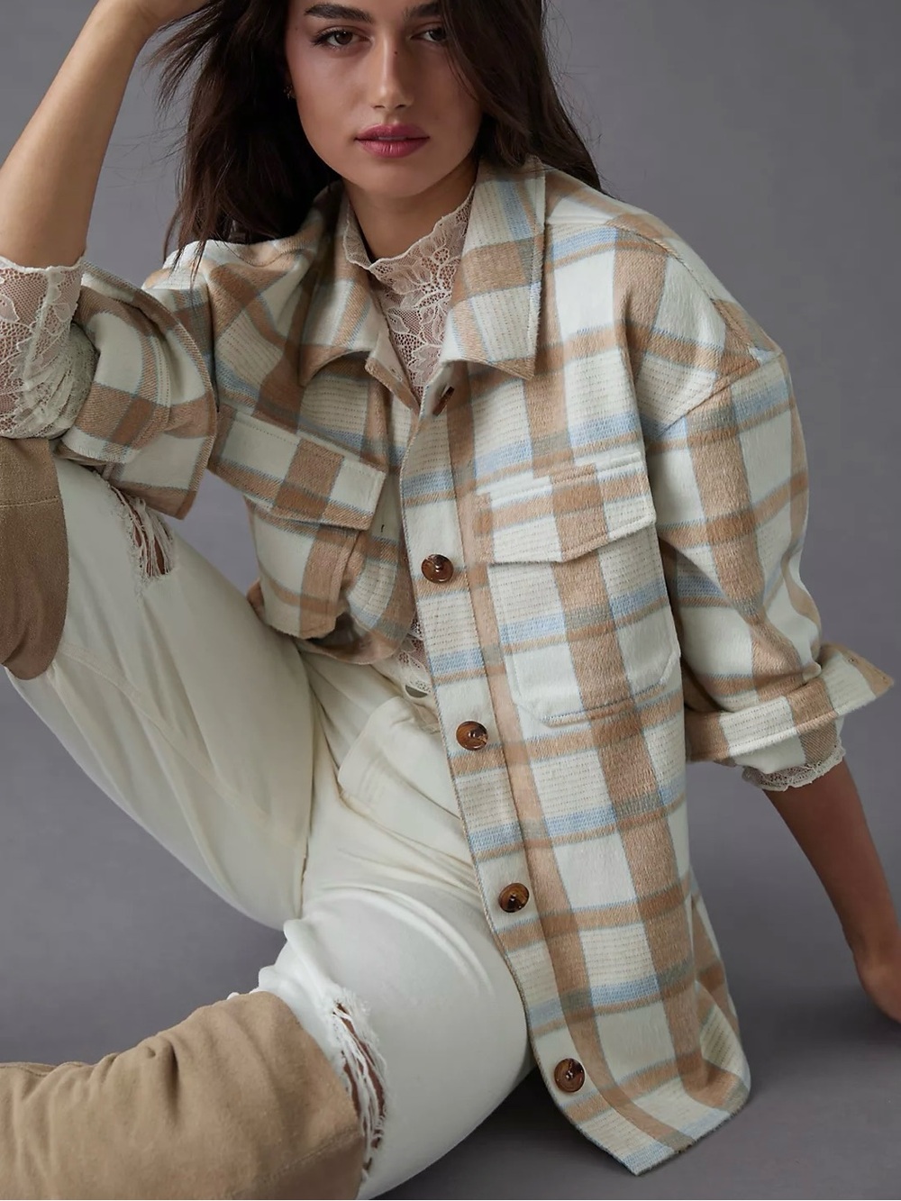 Avec Les Filles Anthropologie Shacket Size S Boxy Plaid Shirt Jacket Wool Blend